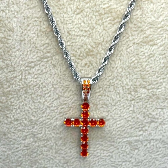 Stainless Steel Chain Necklace With Orange Rhinestone Cross Pendant.   A83 - Picture 1 of 9